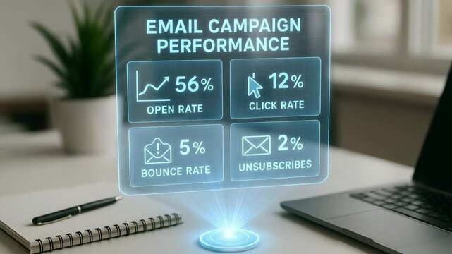 A desktop hologram displays email campaign performance metrics above a notebook and laptop in soft daylight. Concept of data driven digital marketing.