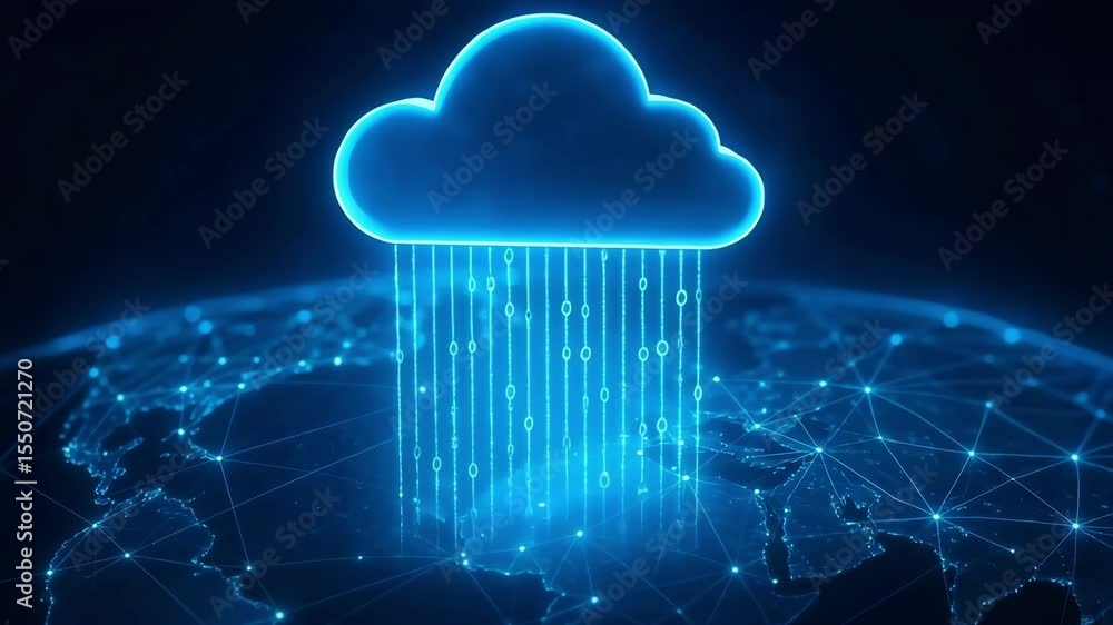 Poster a glowing blue cloud hovers above a digital earth while binary rain streams downward. concept of clo
