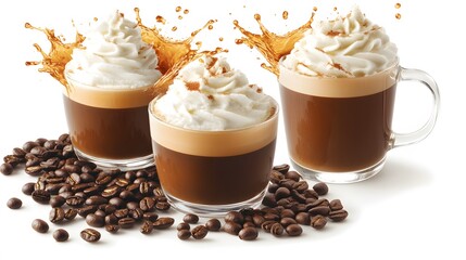 Three Iced Coffee Drinks Whipped Cream Coffee Beans