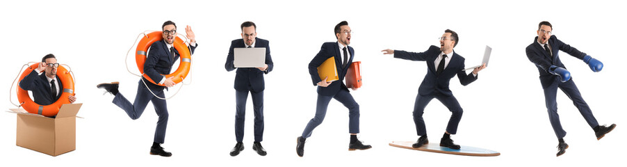 Collage of funny businessman on white background