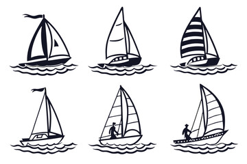 Collection of Six Sailboats on Water in Black and White Style
