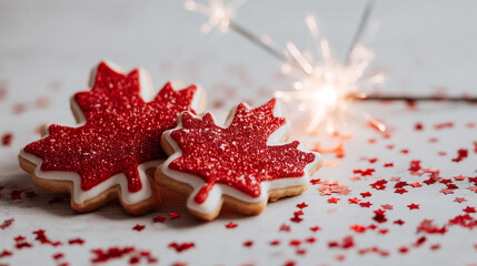 Flat lay with Canadian flag, maple leaf cookies, sparklers, and red confetti on white background. stock image, 