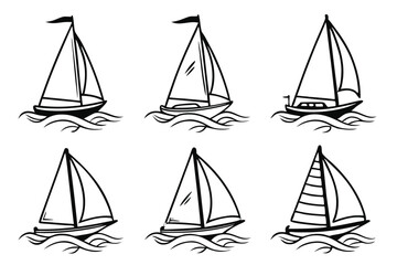 Collection of Hand Drawn Sailboats on Waves in Black and White