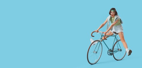 Female hippie riding bicycle on blue background with space for text