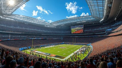 Vast stadium, packed crowd, sunny day