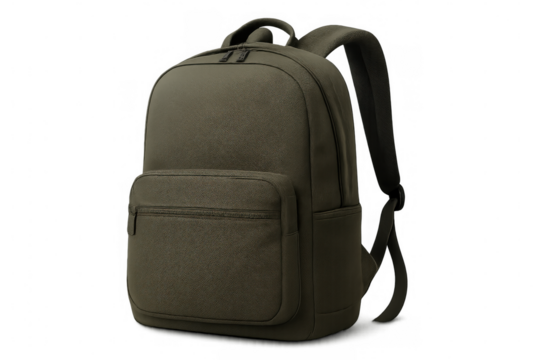 Studio shot of a fashionable green backpack, ideal for students or travelers, showcasing its sleek design and practicality