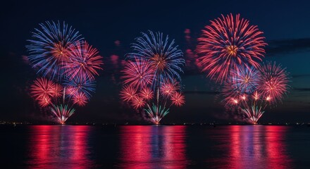 Vibrant Fireworks Display Over Water at Night