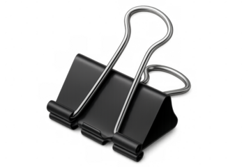 Black metal binder clip with silver handles on a transparent background, useful for keeping documents organized