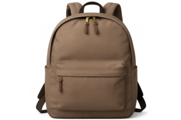 Beige canvas backpack featuring brown leather trim, versatile accessory for daily commuting and travel, minimalist design