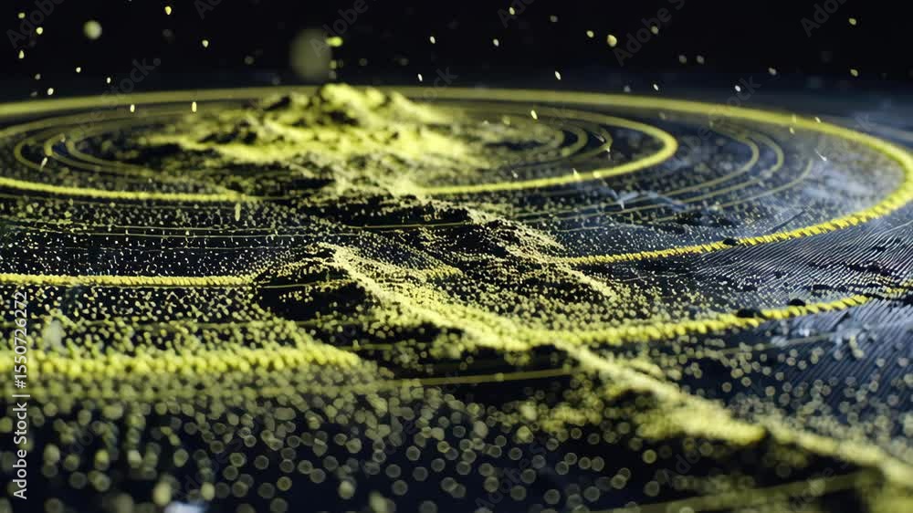 Poster yellow particles are creating a mountain range on a dark sonar background with concentric circles, s