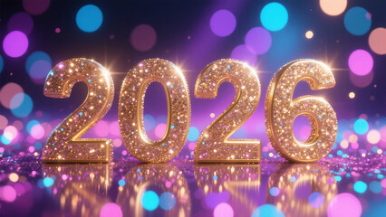 A festive and celebratory 3D rendering of the year '2026' in sparkling golden letters, surrounded by a dazzling array of colorful bokeh lights. Happy New Year, Happy New Year 2026