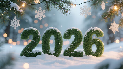 A scene featuring the year 2026 in bold, three-dimensional letters made of textured green material resembling pine branches. Happy New Year, Happy New Year 2026, Merry Christmas And Happy New Year