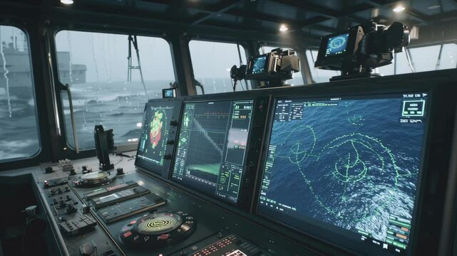 Inside a military ship's bridge, advanced navigation control consoles display radar data, charts, and sensor readings while monitoring an aircraft carrier in stormy weather