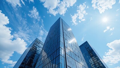 Fototapeta premium Modern Cityscape: Skyscrapers Against a Cloud-Kissed Sky
