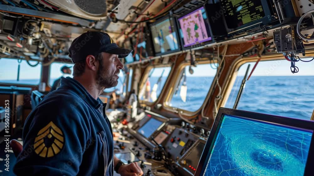 Poster ship captain wearing a baseball cap, operating controls and monitoring digital displays and charts i