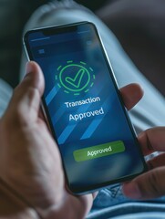 A person holding a phone with the text transaction approved