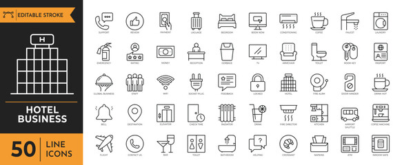 Hotel business outline icons set. Hotel icon set. editable stroke. vector illustration