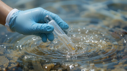 A hand in a glove takes a water sample to analyze its purity, evaluating environmental and ecological concerns, and conducting tests for infections to permit swimming