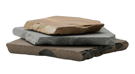 Stack of three flat stone slabs showcasing earthy tones and textured surfaces in studio setting.