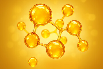 A 3D illustration of interconnected golden molecules against a bright yellow background, symbolizing molecular structure or chemical bonds.