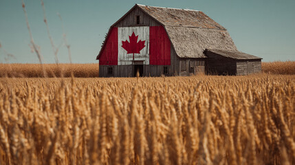 A large flag of Canada painted on the side of a barn, surrounded by wheat fields.