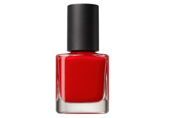 Obraz premium Red nail polish in a glass bottle with black cap, isolated on transparent background, perfect for beauty and cosmetics projects