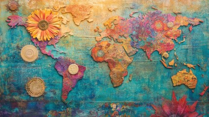 Fototapeta premium Colorful World Map Artwork with Floral Elements and Textures
