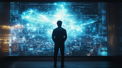 Person Gazing at Futuristic Digital Interface in Urban Setting