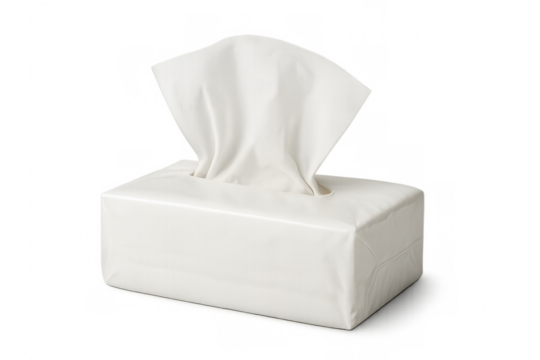 White rectangular tissue box dispensing single white paper sheet, isolated on transparent background