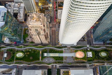 Aerial view of Salesforce Park in San Francisco, California, USA. The park provides a green space...