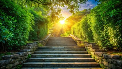 Obraz premium Serene stone stairway ascending towards a radiant sunrise, nestled amidst lush, vibrant greenery and tranquil natural surroundings