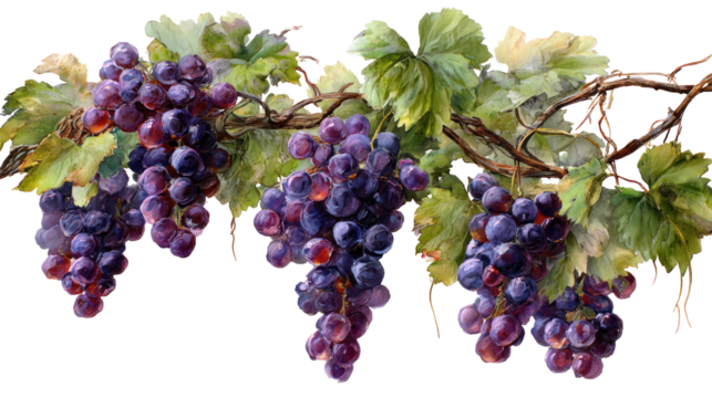  Grapes - Lush purple grape clusters hanging naturally from the vine on transparent background