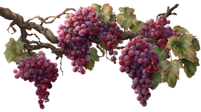 Grapes - Lush purple grape clusters hanging naturally from the vine on transparent background - Powered by Adobe