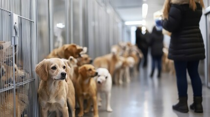 Dogs Waiting for Adoption in Animal Shelter Corridor with People
