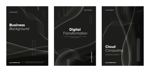 Digital concept poster set. Black modern technology business vector template with wave and line background.