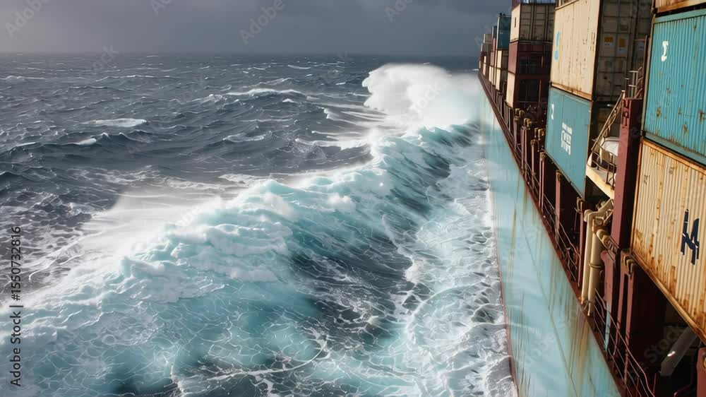 Aufkleber large container ship navigating through powerful waves in stormy weather, creating a dramatic scene 