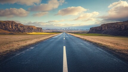 Empty road leading to a distant city