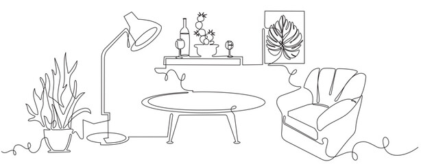 continuous line living room with wall decoration and flowers on white background, for greeting card decoration and others