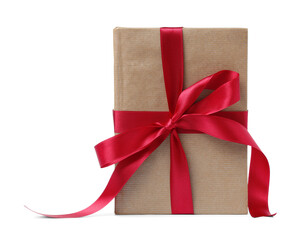 Stack of book with red ribbon on white background