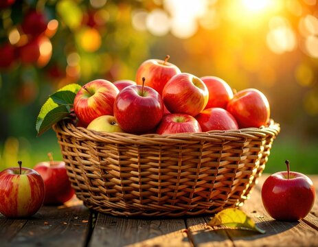A wicker basket overflowing with red and yellow apples sits on a rustic wooden surface, bathed in golden sunlight filtering through trees