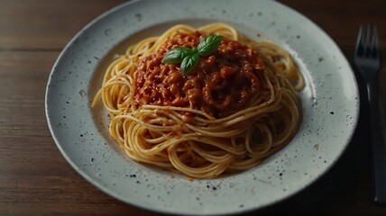 Hot Cooked Spiral Noodles with Red Sauce and Herbs. AI Generative