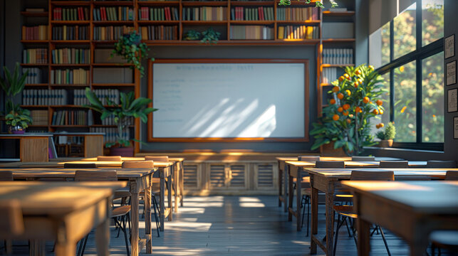 Warm natural light. Elegant classroom with wooden desks, a whiteboard, and full-wall bookshelves. Ideal for educational websites, literature blogs, or nostalgic academic themes.

