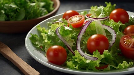Bowl of Fresh Mixed Greens with Tomatoes and Onion. AI Generative