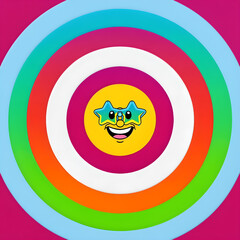 Fototapeta premium Funny emoji with star-shaped glasses over colorful concentric rings – Emoticono divertido con gafas en forma de estrella sobre círculos de colores