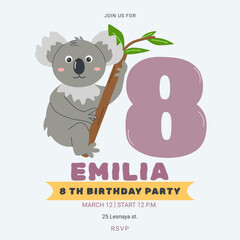 Invitation childrens birthday party with cute koala and number. Celebration eighth birthday. Greeting card template for children. Vector illustration.
