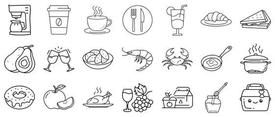 A set of icons of various food, seafood, wine, honey, chicken, coffee, suitable for simplifying interaction with the user, simplifying navigation on the site