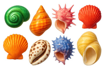 Fototapeta premium Multicolored seashells varying in form and dimension, arranged harmoniously on clear surface, displaying marine diversity