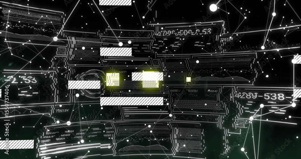 Aufkleber rendering 3d mesh in dark green space, with nodes, slender lines, panels and yellow code blocks