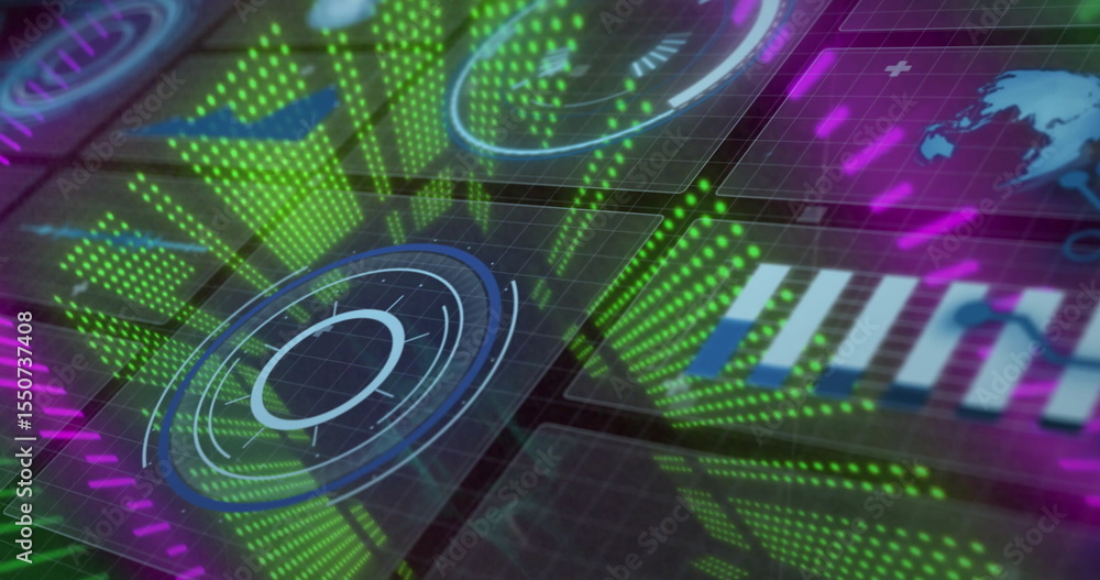 Poster floating circular gauge display panel in virtual dashboard, with green dot-matrix columns