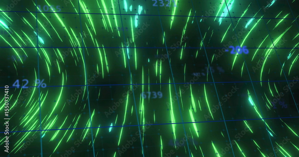 Poster displaying glowing green flow streaks swirling in 3d grid, with grid lines and numeric labels